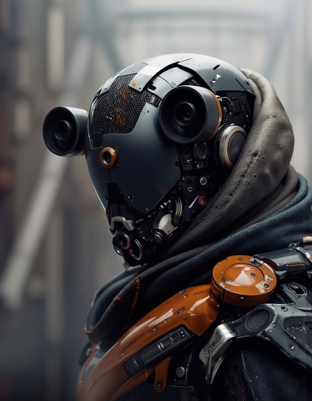 Daniel Hahn art. A photo-realistic shoot from a close-up camera angle about a futuristic humanoid robot with a sleek, black and orange design. the robot is positioned in the middle of the image, facing the viewer with its upper body visible. it has a large, angular head with a visor that covers the entire face, and its body is covered in a dark, textured fabric with orange accents. the armor is detailed with various mechanical components, including two large, circular cameras mounted on the sides of its head, and a control panel on the right side. the background is blurred, with a soft, industrial setting and a misty atmosphere, giving the image a sense of depth and dimensionality.