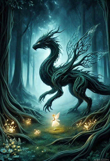 morph-treeroots, Studio Ghibli Dark Fairytale, mobe-cedeen, 
(dragon), inner glow, 
fairy tale, dark fantasy, night meadow forest background,
(masterpiece, intricate details, highres)