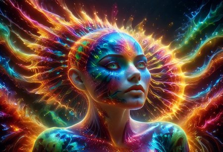 a full body fire entity girl with multicolored flames, purple and blue lights, green and blue flames, pink energy electric eyes, professional photography of an fantastical creature, young woman, shaved head Finely detailed, in a solarpunk environment, looking at viewer, solo, headwear removed, realistic, night blue sky, own hands, spooky makeup, entirely made of stars and galaxies, cyber light trails with whimsical elements, swirling magic, eerie fairytale landscape, elaborate fantasy style art, very colorful, intricate details, ultra sharp, exquisite detail, flawless composition, vivid colors, masterpiece, exciting background, psychedelicai, made out of,colorful,liquid,Murano Art Glass, GlowingInk, mad-glowtiedye, glowneon, glowing, sparks, lightning