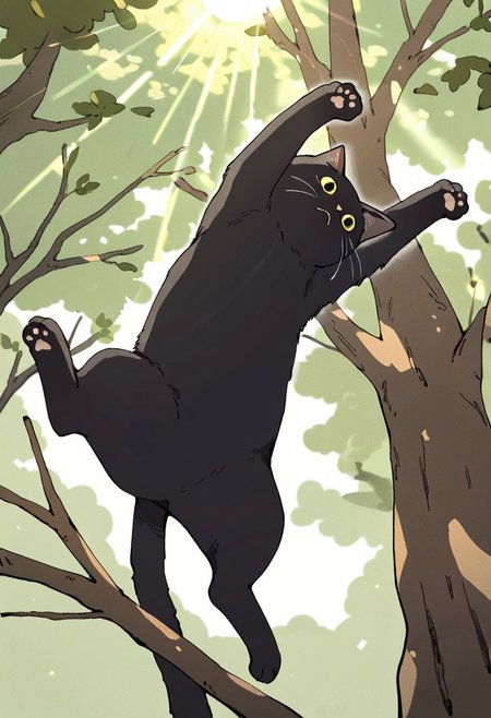 (masterpiece, best quality, high quality, highres), very awa, highres, absurdres,
chii-kun \(seedyoulater\), (naguru \(cyoroama\):0.8), 
(cat:1.2), black cat, (no humans:1.1), paws, fur, (cute:1.2), comfy, solo, 
scared, stretching, OO,
tree branches, day, sunlight, sun rays, beautiful background,
