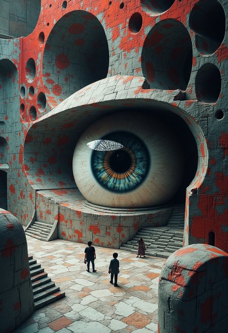 A masterpiece of (sci-fi zen) style created by the collaboration of M.C. Escher and Francisco Goya.    HD32K, hyperdetailed, best quality, aidmaMJ6.1.