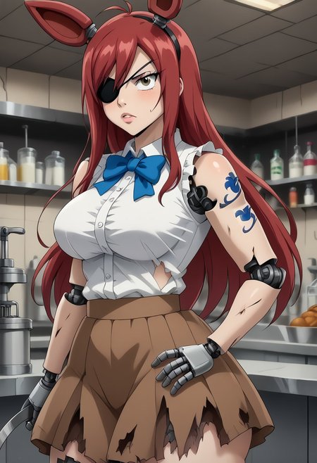 score_9, score_8_up, 1girl, solo, indoors, Laboratory background, Lab gear,    erza scarlet transforming into withered foxy,
 erza scarlet, long hair, red hair, hair between eyes, brown skirt, shirt, bow, boots, sleeveless, sleeveless shirt, tattoo, white shirt, frills,,plump, bbw, big ass,
Withered_FoxyFNAF, , animal ears, yellow eyes, torn clothes, no humans, robot, withered body, damaged, animatronic, joints, endoskeleton, left hook hand, eyepatch on left eye,