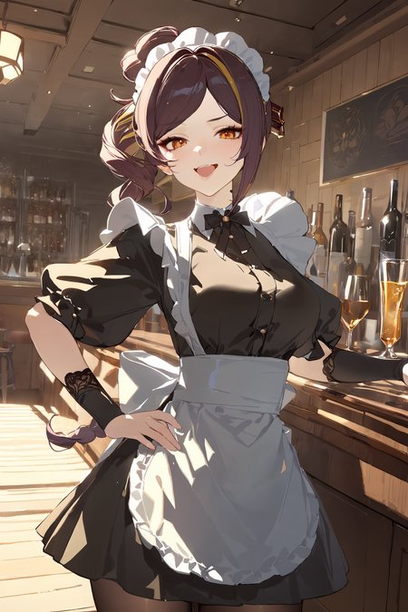 masterpiece, best quality, perfect features, intricate details, ray tracing, newest,(hitenkei, askzy:0.4), 1girl, chiori \(genshin impact\), solo, maid, maid headdress, maid apron, pantyhose, looking at viewer, cowboy shot, bar \(place\), indoors, depth of field, smug, open mouth, hand on hip <lora:Char-Genshin-Chiori-XL-V1:0.9>  <lora:quality1:0:hr=1>