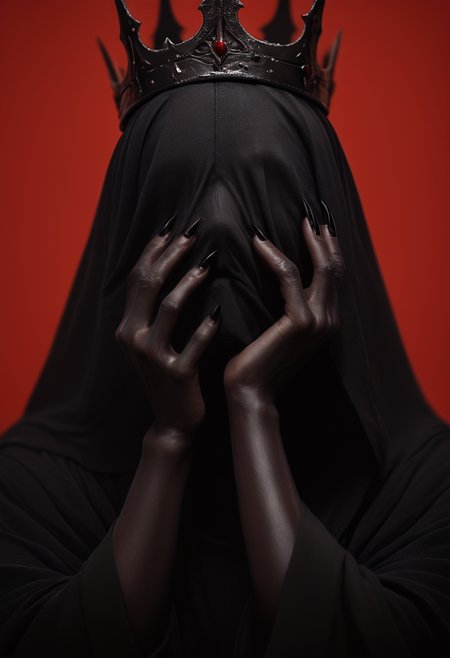 (score_9, score_8_up), score_7_up, 1girl, Highly detailed RAW color Photo, simple background, long sleeves, upper body, hood, wide sleeves, fingernails, 1hand up, black skin, cloak, black claws, hood up, long fingernails, robe, sharp fingernails, covered face, no face, emotionless in black, crown, 
dark lighting, dof, depth of field, realistic, red background, simple background, light partials, CINE, fire embers, low-key,
<lora:unholy-000009:0.8> <lora:CINE-000008:0.4> <lora:- SDXL - vanta-black_contrast_V3.0:0.5>  <lora:- SDXL - covered_in_stuff_V1.0:0.8>