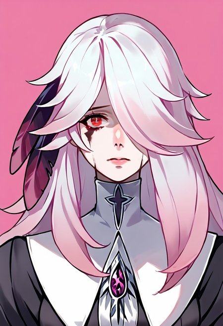 SCORE_9, SOURCE_ANIME, SOLO, 1GIRL, CHIARA, WHITE HAIR, PINK HAIR, GRADIENT HAIR, HAIR FEATHERS, RED EYES, HAIR OVER ONE EYE, NUN DRESS, GUIMPE, TEAR MARKS, PORTRAIT, PINK BACKGROUND