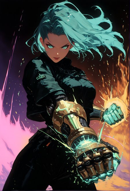 masterpiece, best quality, good quality, very aesthetic, absurdres, newest, 8K, depth of field, focused subject,
XenoPulse,
motion, dynamic shot,
stylized, gold and neon color palette, godlike, wabi sabi, 1girl, looking at viewer, dynamic angle, gates, heaven, 
wielding green teal glowing radioactive energy gauntles as weapon, dynamic attacking pose, neon green teal energy gauntlet, punching against the viewer, motion lines, speed_lines, dynamic shot, motion_blur, wind_effect, fast_movement, shockwave,
high_contrast, backlight,
<lora:MoriiMee_Gothic_Niji_Style_Illustrious_r1:0.45>
<lora:ck-nc-cyberpunk-IL-000011:0.2>
 <lora:XenoPulseIL:1> 
<lora:96YOTTEA-WAI:0.8>
 <lora:ck-70s-scifi-IL:1>