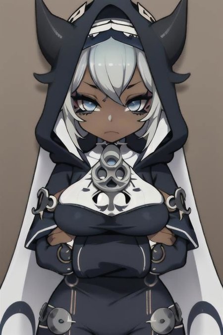 Devil, horns, body mods, chibi, huge breasts, thick thighs, muscular, ((dark tan skin)), white hair, ((navy hair streaks)), short spiky scene hair, slanted blue eyes,blue tribal cloud tattoos, non human, monster girl, bad ass, ((nun)), huge fluffy white scarf, (( hooded jumpsuit)), ((steampunk)), ((y2k aesthetic)), black, white, navy, light blue, 3d render, chibi, ((Kaeya Alberich inspired outfit)), poofy hair, eyeliner, emo, emo makeup, goth, wrench_genshin_style