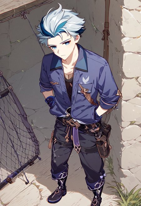 Score_9, score_8_up, score_7_up, Genshin Impact Style, source_anime, fishing dock, 1man, solo, 
Older man, platinum blonde hair, purple cloth on forehead, short hair, blue eyes, serious, collared indigo shirt, chest pockets, lavender jacket, black leather belt, indigo gloves, baggy work pants, fishing boots, fishing net pouch on belt
