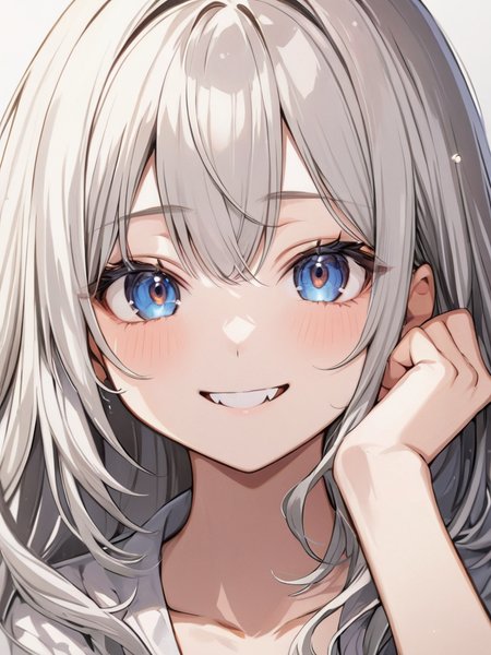 masterpiece,ultra-detailed,best quality,8K,illustration,cute face,clean skin ,shiny hair,girl,ultra-detailed-eyes,simple background, <lora:add-detail-xl:1>   <lora:yaeba_XL_V1.0:0.8> yaeba, fang,close mouth,smile