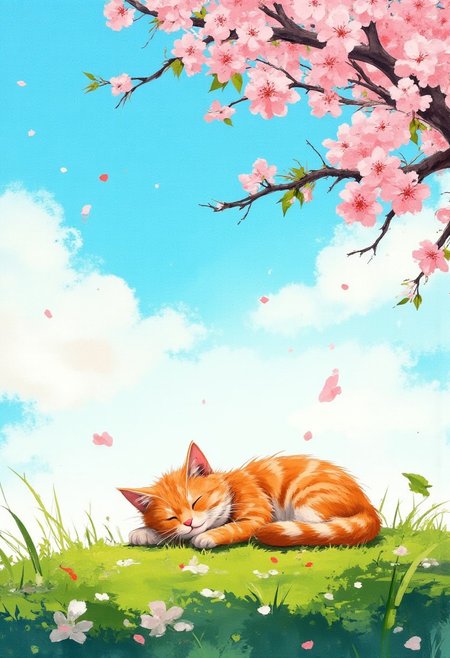((Cherry blossoms gently fly in the air)) , An orange tabby sleeping in the grass under a blue watercolor sky with soft clouds