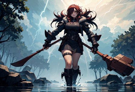 masterpiece, best quality, highres, intricate details,
1girl, solo, shiny skin,(subsurface scattering:0.8),dark red,A one-eyed giant carrying a massive stone club, walking through a thunderstorm with lightning flashing in the background. The giant is standing knee-deep in a swamp with twisted trees and murky water.,
rim lighting, two tone lighting,day,sleet