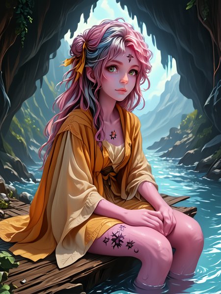 score_9, score_8_up, score_7_up, source_anime, source_western, source_comic BREAK 1girl, solo, firbolg, rainbow streaked hair, side braid hair with hair ribbon, grey eyes, colored skin, star tattoo, Pink skin, colored skin, tall female body, attractive figure, perky breasts, BREAK <lora:Firbolg:1.0> (firbolg:1.2), furry, (big nose), animal ears, colored skin BREAK happy, reclining, sitting, indian style, on towel, shore, lake, yellow pencil dress, aged up, <lora:Fantasy_Races_XL:1.0> <lora:fantasy_world_pony:0.3> BREAK photorealistic, realistic, intricate detail, dynamic, detailed background, volumetric lighting, negative space BREAK <lora:add-detail-xl:1.5> <lora:AnimeLineArtPony:0.8> <lora:vivid_everclear:0.4> <lora:st4t1ctvXLP:0.6> st4t1ctv <lora:mynewfantasy:0.8> MyNewFantasy <lora:TLUXLP:0.8> tlu
