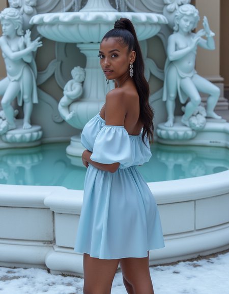An african woman stands in front of a frozen, ornate fountain, surrounded by intricate carvings and statues. She wears a stunning, ice-blue short off-the-shoulder romper with ruffled sleeves, outfit0026, that seems to blend seamlessly into the surroundings. She is looking at viewer. The camera captures every detail of the dress, from the delicate frost to the sparkling ice crystals.
Composition: The woman is positioned at the center of the frame, with the fountain's statues and carvings reflected in her dress. The lighting is soft and ethereal, with a subtle glow from the ice.