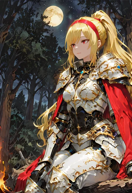 1girl, solo, anime coloring, anime artwork, unholy-aesthetic, masterpiece, best quality, newest, absurdres, highres, safe, CG, cinematic lighting, natural shadow, highest detail, detailed background, intricate scenery, depth of field, insane details, intricate, subsurface scattering, very aesthetic, serene atmosphere, artistic rendering, dramatic contrast, luminous elements, soft painterly texture, striking visual design, finely detailed face, beautiful face, <lora:kaelaIL:0.55> kaelaIL, long hair, red eyes, (yellow hair:1.5), ponytail, red hairband,
dynamic angle, cinematic angle, from side,
1girl, solo, looking up,
forest, night, starry sky, moon,
sitting on log, bonfire,
<lora:hina_MixArmor_x215c:0.9> (fantasy armor, gauntlets, shoulder armor, bodysuit, fantasy white armor, ornate lace, extreme detailed ornate armor, diamond girdle, gemstone choker:1.5),
<lora:WidePonytailV3-IXL:1> wide high ponytail, long hair, wavy hair,
<lora:748cmSDXL:0.45> 748cmstyle,
<lora:ILLMythP0rtr4itStyle:0.7> mythp0rt