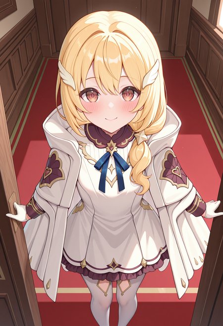 highres, best quality, masterpiece, indoors,
1girl, solo, pcrclear, blonde hair, brown eyes,
kuriadef, wing hair ornament, low ponytail, white cloak, white dress, blue ribbon, long sleeves, gloves, white pantyhose, pantyhose cutout,
looking at viewer, blush, smile,
standing, from above,
<lora:_clear_pcr-elesico-ilxl-000014:1>