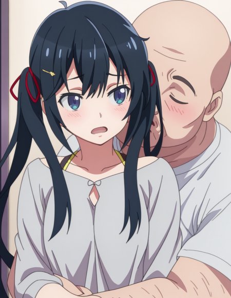 masterpiece, best quality, amazing quality,, <lora:konoha-hoshinomori-s1-illustriousxl-lora-nochekaiser:1>, konoha hoshinomori, long hair, blue eyes, black hair, ribbon, twintails, hair ribbon, hair clip, mature female, small breasts, anime screencap, <lora:kissing-neck-illustriousxl-lora-nochekaiser:1>, kissing neck, open mouth, holding, hetero, hug, kiss, hug from behind, blush, looking at another, closed eyes, head on another's shoulder, <lora:faceless-ugly-man-illustriousxl-lora-nochekaiser:1>, faceless ugly man, faceless, ugly man, faceless male, fat man, bald, mature male,