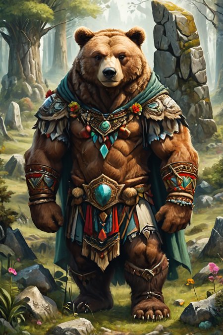 Detailed digital portrait of an anthro Bear at a Forest clearing with ancient standing stones, <lora:xl_more_art-full_v1:0.5>,  <lora:The_Crazy_Style:0.7> <lora:anthro_muscular:0.7>