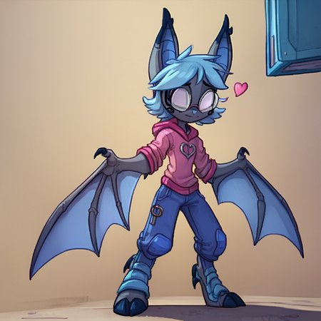 score_9, score_8_up, score_7_up,
, Dreamkeepers,vanth, solo,1girl,blue hair,standing,full body,female focus,heart,wings,horns,glasses,no humans,bat wings,
,<lora:dreamkeepers_multiple_Characters:0.8>,