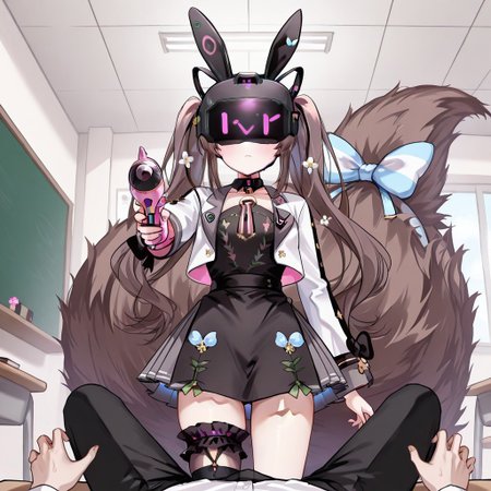 highres, masterpiece, best quality, very aesthetic, absurdres, (1girl),1boy, chigusa hana, virtual youtuber, long hair, brown hair, twintails, animal ears, , hair ornament, cropped jacket, long sleeves, white jacket, collar, flower, black dress, pleated skirt, large tail, bridal garter, striped, single thighhigh, asymmetrical legwear, tail bow empty eyes,  expressionless, school, classroom,  looking at viewer, (memetic_control), pov_sub, (hypnotized_hypnotist),, (hypnotized_dom), (enemy_conversion), resisting, zzkovisor,hypnotic visor, helmet, rabbit ears, :),  femdom, stepped_on,male sub, ray gun, aiming_at_viewer, (hypnotic_beam), (hypnotic_accessory)(kronobas28,),