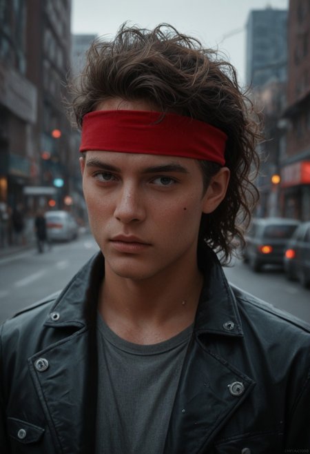 score_9, score_8_up, score_7_up, amazing quality, ((single character)), 80s cyberpunk, 80s movie with film grain, character portrait, industrial city with neon advertisements,
BREAK, a korean american man tightening his red headband, wearing a black leather jacket and a grey shirt with crimson kanji symbols, wearing black aviators, wavy combed hair, slightly sweaty porous skin,