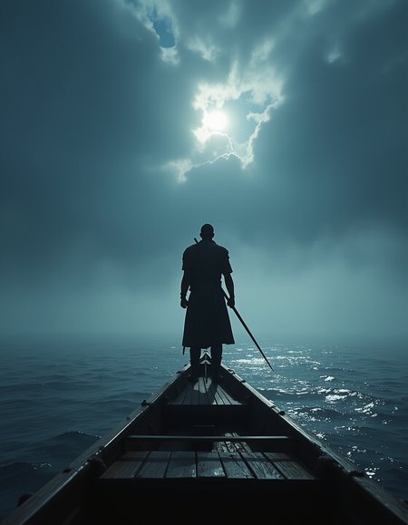 Imagine an image of a lone Viking warrior standing at the prow of a longship, mist rolling over the dark sea.