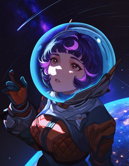 1buk1s4tsuk1, masterpiece, best quality, good quality, newest, very awa, absurdres, highres,  1girl, junoow, short hair, purple hair, multicolored hair, brown eyes, space helmet, cropped jacket, orange jacket, long sleeves, spacesuit, gloves, medium breasts, space, extreme close-up, planet, shooting star, upper body, wind, dark theme, sidelighting, parted lips, blue theme, purple theme, sparkling eyes, looking up, star \(sky\), from above, galaxy, looking at viewr, <lora:None:1.0>