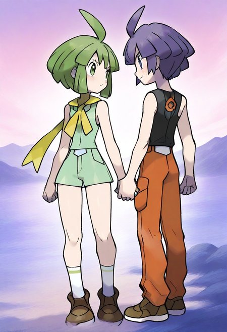 masterpiece, best quality, very aesthetic, absurdres, sharp details, pokemon, 2boy, green hair,  purple hair,purple eyes,looking at another,  short hair, blush,green eyes,ahoge, straight hair, sidelocks, holding hands, eye contact, outdoors, Aaron(pokemon),  closed mouth,couple,puzzle_morph_rks,
Green shorts, green shirt, brown footwear, white socks, yellow neckerchief,
Aaron,black sleeveless shirt, orange pants, white with orange shoes, belt
sugimori ken,