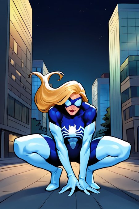 masterpiece, best quality, highres, extremely aesthetic, juliacarpenter, 1girl, solo, long hair, blonde hair, mask, covered eyes, domino mask, lipstick, medium breasts, muscular female, blue bodysuit, multicolored bodysuit, spider print, skin tight, white gloves, elbow gloves, thigh boots, white footwear, looking at viewer, squatting, full body, outdoors, city, building, night, night sky <lora:Spider-Woman (Julia Carpenter) v1.0 [LoRA] - NoobAI-XL EPS 1.0:0.8>