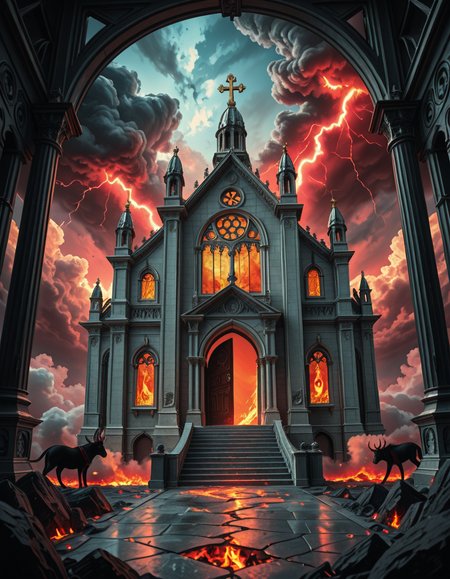 A once-majestic celestial temple, now under siege by the forces of Hell. The grand white stone structure is cracked and scorched, its golden crosses twisted and broken. The stained-glass windows, once glowing with warm divine light, are now shattered, with demonic symbols glowing ominously in their place. The sky, once a serene blue, is now consumed by dark storm clouds, swirling with red lightning and thick smoke.
Black, jagged chains extend from the sky, wrapping around the temple as if trying to pull it down into the abyss. The once-fluffy clouds beneath the structure are now a chaotic mix of fire, ash, and dark mist, with glimpses of molten lava cracks below. Infernal creatures with glowing red eyes lurk in the shadows, their silhouettes barely visible through the smoke and fire.
The temple doors are blown open, revealing an eerie red glow emanating from within, as if Hell itself is consuming the sacred space. Massive demonic runes are etched into the stone, pulsating with an unholy energy. The entire scene is bathed in a deep crimson and orange glow, giving it an apocalyptic and nightmarish atmosphere.
Style & Lighting:
- Dark fantasy, highly detailed
- Dramatic, high-contrast lighting with fiery glows
- Cinematic composition, epic scale
- Strong use of shadows, embers, and atmospheric foghighly detailed and atmospheric view from inside a massive birdcage, large enough for a human to stand inside. The cage is made of ornate, aged metal bars with intricate Victorian-style patterns, curving elegantly towards the domed ceiling. Sunlight filters through the gaps between the bars, casting long, dramatic shadows on the wooden floor. Delicate vines and small flowers have begun to grow around the bars, adding a touch of nature reclaiming the space. The background beyond the cage is blurred, hinting at a lush garden or a mysterious, abandoned mansion. The ambiance is serene yet slightly melancholic, with warm golden light illuminating dust particles floating in the air. Soft feathers are scattered on the floor, adding to the sense of quiet abandonment. The perspective makes the viewer feel as if they are inside the cage, looking outward, surrounded by both beauty and confinement. The style is highly detailed and realistic, with a cinematic and slightly surreal atmosphere.
<lora:SDXLFaeTastic2400:0.4> <lora:extremely_detailed:0.4> extremely detailed, <lora:evil_celestial_t3mpl3-i:1>,evil celestial t3mpl3, Masterpiece,best quality,hi res,8k,hi res,8k,award winning,(sharp focus, intricate, highly detailed),