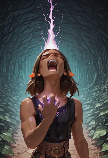 1 Lapanya, solo, Repeta, closed eyes, black sleeveless top,
furrowed eyebrows, pained expression, open mouth, shouting, raised hair, head back, purple electricity, purple veins, glowing aura,
Holding purple gemstone in one hand, 4-sided gemstone, small gemstone,
organic cavern background, 
Medieval style, Smooth colors, detailed eyes, perfect hands, clean lines, high quality, best quality, masterpiece, rating: safe, source: anime,