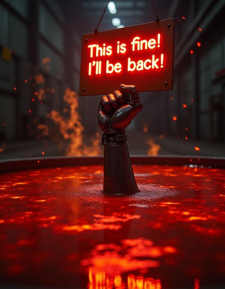 a close-up realistic Zoom Shot photo of in the style of Grant Wood, the Robotic arm of Terminator is raising from the middle of the pool of red hot melted steel, the Robotic hand is holding a neon sign which say "This is fine! I'll be back!", fire and flame are burning on the pool of melted steel, indoor, in a Steel heavy industry plant, very aesthetic