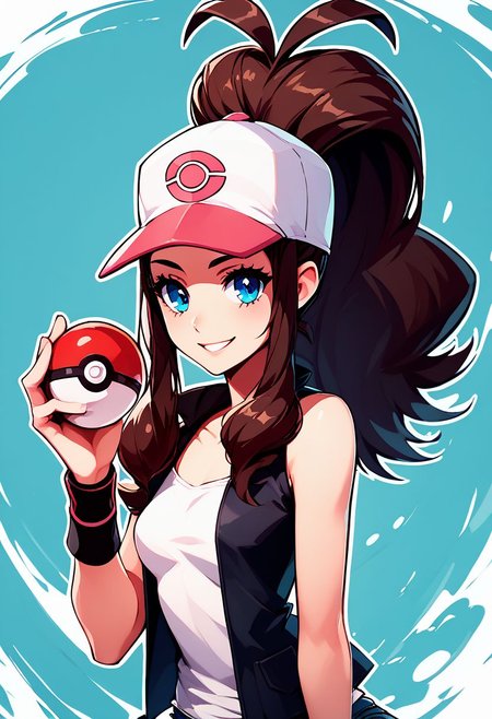 score_9, score_8_up, score_8, medium breasts, (curvy), cute, eyelashes,     
rating safe, 
BREAK,
holding pokeball, 
zzHilda, blue eyes, long hair, high ponytail, sidelocks, hat, collarbone, white shirt, black vest, sleeveless, wristband, short shorts, denim shorts, exposed pocket,
BREAK,
smile, looking at viewer, 
abstract background, white outline,
zPDXL, Expressiveh