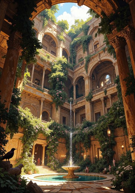 Masterpiece, best quality, ultra-detailed, 8k, masterpiece, best quality, ultra-detailed, 8k, an epic fantasy interior of the Hanging Gardens of Babylon — a vast open courtyard enclosed by towering stone walls overgrown with vines, ferns, and blooming flowers. Sunlight streams down through a massive open ceiling or skylight, illuminating hanging plants and ivy-draped columns. Crystal-clear pools reflect the foliage, while ancient mosaics and golden Babylonian motifs adorn the walls. Birds perch on marble railings, and a gentle waterfall cascades into an inner garden fountain. Magical, tranquil atmosphere, lush and ancient, golden-hour lighting, cinematic depth, Epic fantasy, cinematic lighting, atmospheric haze, grand scale, wide-angle composition. Art by Raphael Lacoste and Craig Mullins, Studio Ghibli color palette. The atmosphere is grand and cinematic. Highly detailed, dramatic lighting, epic historical painting, 8K, sharp focus. Ultra-detailed, cinematic lighting, dark fantasy, moody atmosphere, high contrast, hyper-realistic textures. DB4RZ, DB4RZ style painting, Anime art