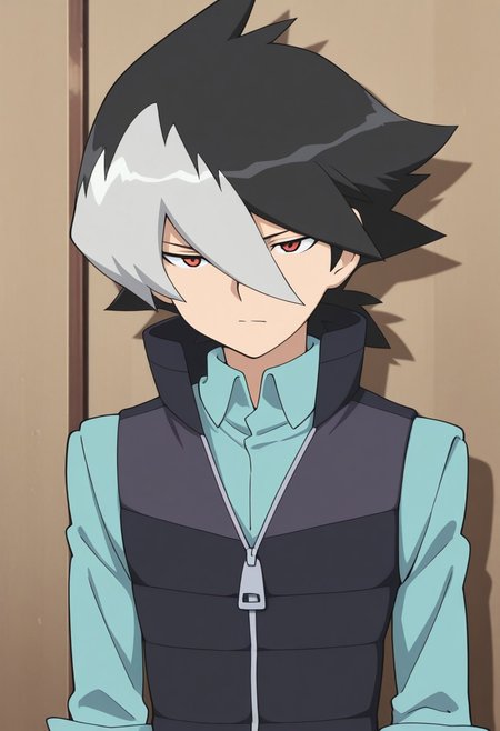 masterpiece,best quality,amazing quality, 
JinKaidou, 1boy, male focus, solo, red eyes, multicolored hair, black hair, grey hair, hair between eyes, shirt, blue shirt, collared shirt, vest, popped collar, zipper, zipper pull tab,