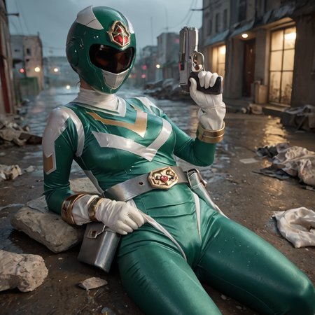 20yo, score_9, score_8_up, score_7_up, shiny oild skin, 
1girl, solo, large breasts, sentaisaintforce, green bodysuit, silver belt, white gloves, spandex, wing-shaped chest symbol,  helmet removed, no headwear, 
holstered, handgun, holster, torn cloth, orgasm, wet, rain, wet cloth, 
 city ruin, rubble, lying, night, smoke, 
 <lora:Saint_Force:0.8>