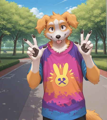 solo, anthro, furry, looking at viewer, male, two-tone fur, dark eyes, white hands, peace symbol, blep, colorful shirt, colorful, park, outside, 
BREAK masterpiece, best quality, amazing quality, very aesthetic, high resolution, ultra-detailed, absurd res, newest,  scenery,  <lora:Smell:1>, joseph