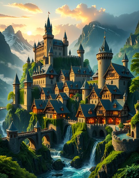 A breathtaking medieval fantasy city nestled in a lush valley, surrounded by towering mountains and dense forests. A grand castle with multiple towers and turrets stands atop a hill, overlooking the town below. The city consists of charming half-timbered houses with glowing windows, perched on rocky cliffs and connected by stone bridges over cascading waterfalls. The river flows through the village, reflecting the warm golden lights of lanterns and torches. Ivy and moss grow over the stone walls, adding to the enchanted, ancient atmosphere. The background features misty mountains with additional fortresses and watchtowers, partially hidden by low-hanging clouds. The sky is illuminated by a soft, warm sunset, casting a golden glow on the scenery, creating a perfect blend of realism and fantasy. Highly detailed, cinematic, and immersive, with a magical, fairy-tale ambiance.
<lora:SDXLFaeTastic2400:0.4> <lora:extremely_detailed:0.4> extremely detailed, <lora:medieval_f4nt4sy_c1ty:1>,medieval f4nt4sy c1ty, Masterpiece,best quality,hi res,8k,hi res,8k,award winning,(sharp focus, intricate, highly detailed),