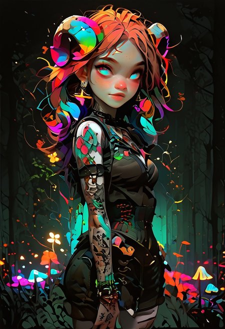 score_9, score_8_up, score_7_up, FFDAC, A cute fain, beautiful face, (perky breasts:1.0), 1girl, solo, sexy body, beautiful face, faun, pale skin, pearlescent horns ,ram horns, blue eyes, colourful makeup, (freckles: 1.5), face freckles, (chest tattoos:1.5), (arm tattoos:1.5), long ginger hair, narrow waist, feminine hourglass body, Green leather gothic corset, pentagram earrings, chest harness, leather shorts, ankle boots, embroidered hooded cape, (no sleeves:1.2), bracelets, light blush, cheeky grin, detailed background, night, moonlight, gloomy forest brightly coloured flowers and mushrooms, volumetric lighting, vivid colors, exploring the forest, she's holding a glowing magical flower