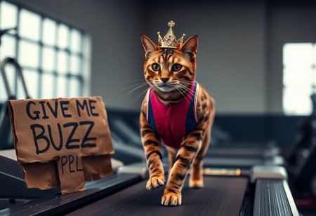 “A majestic Bengal cat with a small, slightly tilted golden crown, wearing a sleek gymnast suit in vibrant colors, running on a treadmill. Beside the treadmill is a worn, rotten cardboard sign that reads ‘GIVE ME BUZZ PPL’ in crude, hand-drawn letters. The scene is captured with a Panavision 105mm lens, emphasizing high resolution and cinematic details. The gym background is softly blurred, with rich lighting and deep shadows accentuating the cat’s fur texture, the worn look of the cardboard sign, and the vivid colors of the suit. The overall mood is a blend of regality and humor, captured in realistic, high-contrast lighting and deep, cinematic colors.”