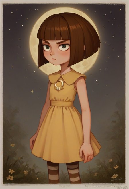 score_9, score_8_up, score_7_up, Expressiveh, score_9,score_8_up,score_7_up,very aesthetic ,(masterpiece:1.4), (best quality), (colorful), (detailed), cinematic lighting, volumetric lighting, FB, bob cut, blunt bangs, brown hair, dress, striped pantyhose, ifrightened face, frightened pose, gaze downward, melancholy (background: night, dark forest, fullmoon, starry sky)