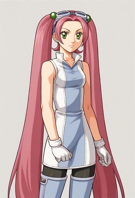 score_9, score_8_up, score_7_up, source_anime BREAK <lora:zs_FE9PortraitsXL:1> fe9portraits, solo, cowboy shot, simple background, 1girl, female focus, lovrina, twintails, very long hair, goggles on head, hair bobbles, sleeveless dress, white gloves, black pantyhose, thigh boots