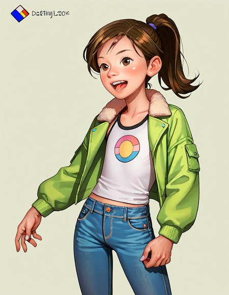 score_9, score_8_up, score_7_up,toon \(style\),destijl,brown hair,solo,open mouth,ponytail,flat chest,hetero,closed jacket, jeans,<lora:DeStijl:1.4>