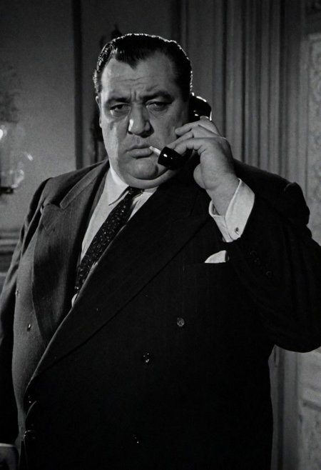 In 1950s Chicago, inside a luxurious mansion, the mafia boss, a fat man in a suit, smokes a fan while talking on the phone. Captured with a 35 mm camera, black and white, classic film noir film.
