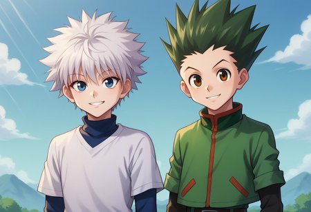 score_9, score_8_up, score_7_up, source_anime, highly detailed, 2boys
gonfreecs, 1boy, male focus, green hair, spiked hair, shorts, smile, upper body, brown eyes,  belt, looking at viewer, jacket, green jacket,
killuazoldick, 1boy, male focus, shorts, white hair, blue eyes, shirt, long sleeves, layered sleeves, spiked hair, short over long sleeves, short hair, short sleeves, bangs, turtleneck, blue shirt, grey shirt,
outdoor, sky, smile,