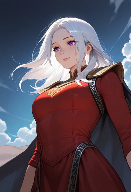 1girl, Aerea Targaryen, A song of Ice and Fire, DnD, Long Lustrious Hair, white Hair, Long white Hair, purple eyes, innocent eyes, teen (between ages of 14-16), lovely smile, dark background, wearing a red dress, 1girl, childish features, sole girl, dynamic lighting, dynamic angle, cloud, volumetric lighting, blue sky, portrait, upper body,