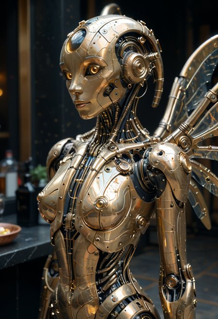 score_9, score_8_up, score_7_up, masterpiece, best quality, 1Woman, gold hair, android, joints, robot joints, gold eyes, looking at viewer, wings, mechanical parts, science fiction, robot girl, sky background, glowing, mechanical wings, robot, (gold skin, metallic skin:1.2),  <lora:Reelmech_pony_ed_v1_3:1> <lora:add-detail-xl:1>