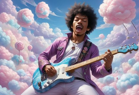 cottoncandy, action shot, detailed, Jimi Hendrix playing guitar made of purple cottoncandy,  surrounded by transparent multicolor clouds made of cotton candy