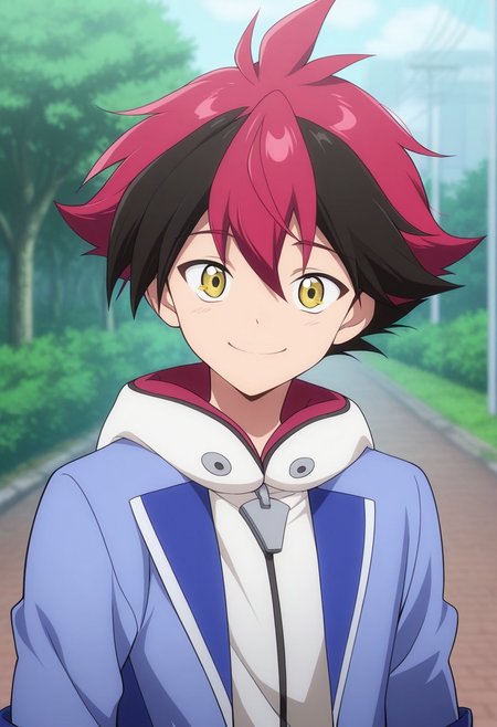 masterpiece,best quality,amazing quality, source_anime,
hiroryuga, 1boy, male focus, solo, yellow eyes, multicolored hair, red hair, black hair, hoodie, white hoodie, hood, jacket, blue jacket, open jacket, smile, happy, outdoor