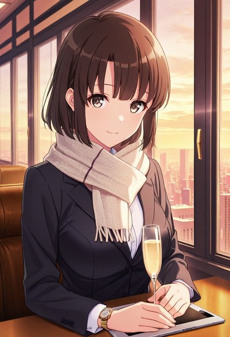 masterpiece, best quality, 1girl,Megumi <lora:IL-KatoMegumi:0.8>,brown hair,katou megumi,brown eyes,medium breasts, short hair, ,medium breasts,  looking at viewer, masterpiece, best quality, designer business suit, silk scarf, luxury watch, private jet interior background, leather seats, champagne glass, window view of clouds, city lights below, sophisticated pose, confident business smile, mahogany tables, ambient cabin lighting, tablet device nearby, expensive furnishings, sunset through airplane window, high-class atmosphere, golden hour lighting, corporate lifestyle, three-quarter view framing