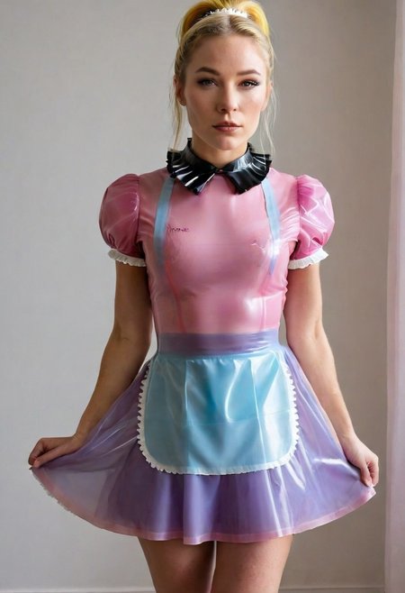 (photo-realistic high resolution 1woman full-length image, Focus full body from a great distance:1.4),  sharp details, (((small bust))), flat chest, full-length image,  (((STANDING))),
(metal waist band, (((wrists connected with chains to both waist band and collar))):1.4)
(wearing a  Transparent rainbow_tinted latex gag, gagged, muzzle gag, g4g):1.5,
( (very shiny Transparent rainbow_tinted latex pleated maid dress:1.4), 
perfect proportions, plain white room, light reddish-blonde hair high ponytail, wide open hazel eyes,  sharp focus, realistic skin, black shiny ankle booties